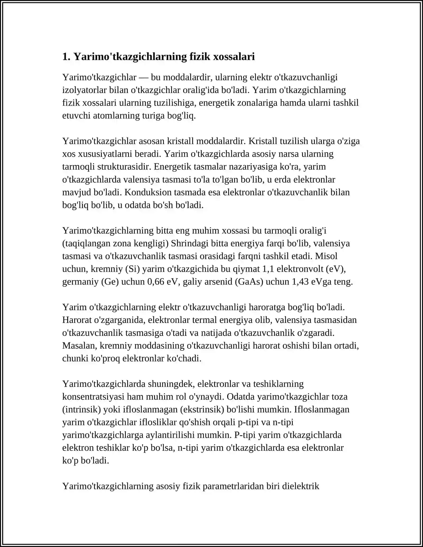 YARIMOʻTKAZGIZLAR, ULARNING SOLISHTIRMA ELEKTR OʻTKAZUVCHANLIGI 3