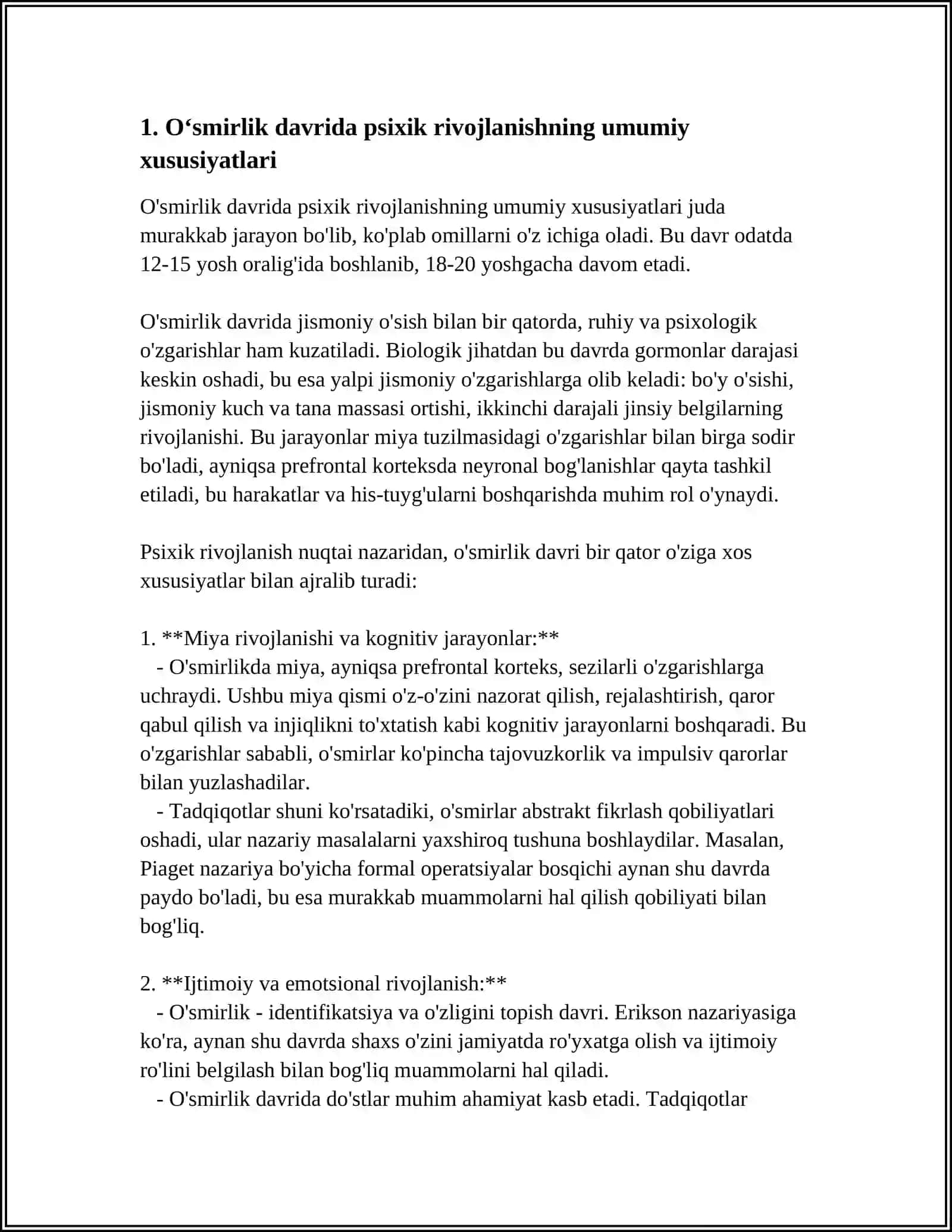 O‘SMIRLIK DAVRIDA PSIXIK RIVOJLANISH XUSUSIYATLARI. ILK O‘SPIRINLIK VA YOSHLIK DAVRIDA PSIXIK RIVOJLANISH XUSUSIYATLARI 3