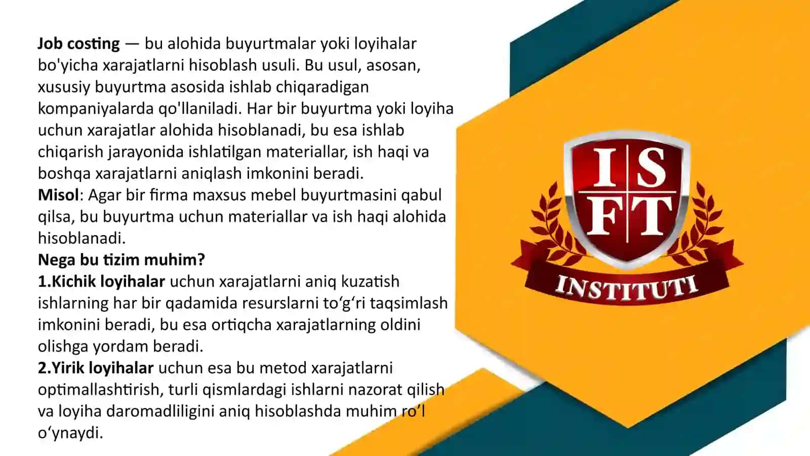 ISH BO‘YICHA, PARTIYALAR BO‘YICHA VA XIZMAT KO‘RSATISH BO‘YICHA HARAJATLARNI HISOBLASH 3