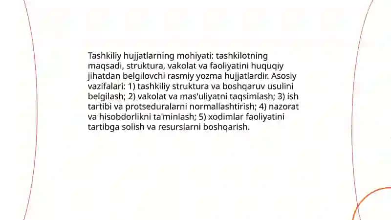 Tashkiliy hujjatlarning vazifasi. Tashkiliy hujjatlarning turlari 3