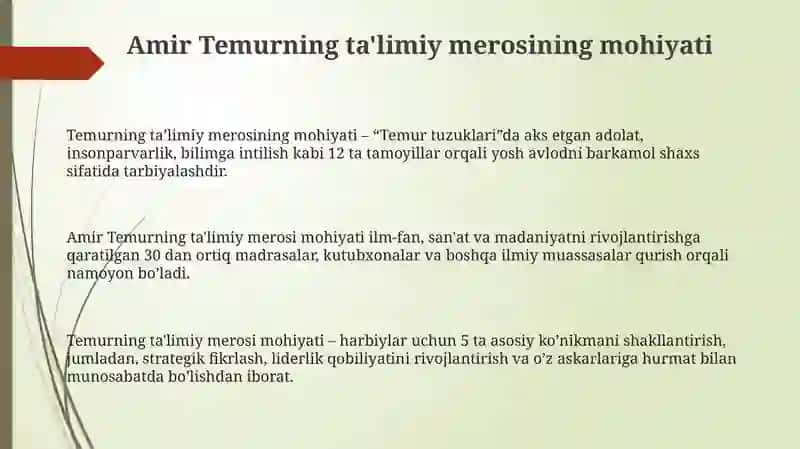 Amir Temur õgitlarining tarbiyaviy ahamiyati 3