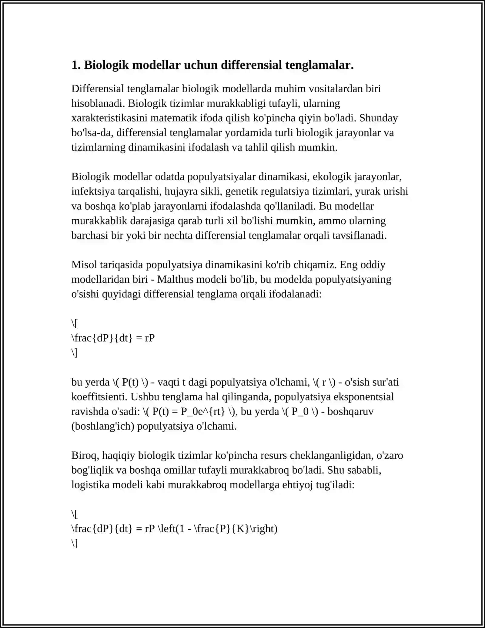 TIBBIY-BIOLOGIK MAZMUNDAGI DIFFERENSIAL TENGLAMALARNI TUZISH VA YECHISH 3