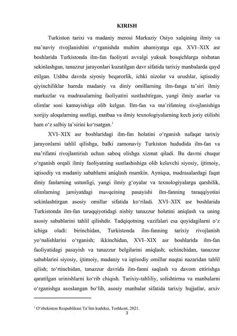 XVI-XIX asr boshlarida Turkistonda ilm -fan taraqqiyotida nisbiy tanazzur va uning sabablari 3