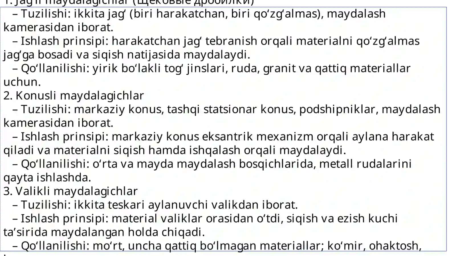 Maydalash va saralash jarayonlarining loyihadagi o‘rni 3