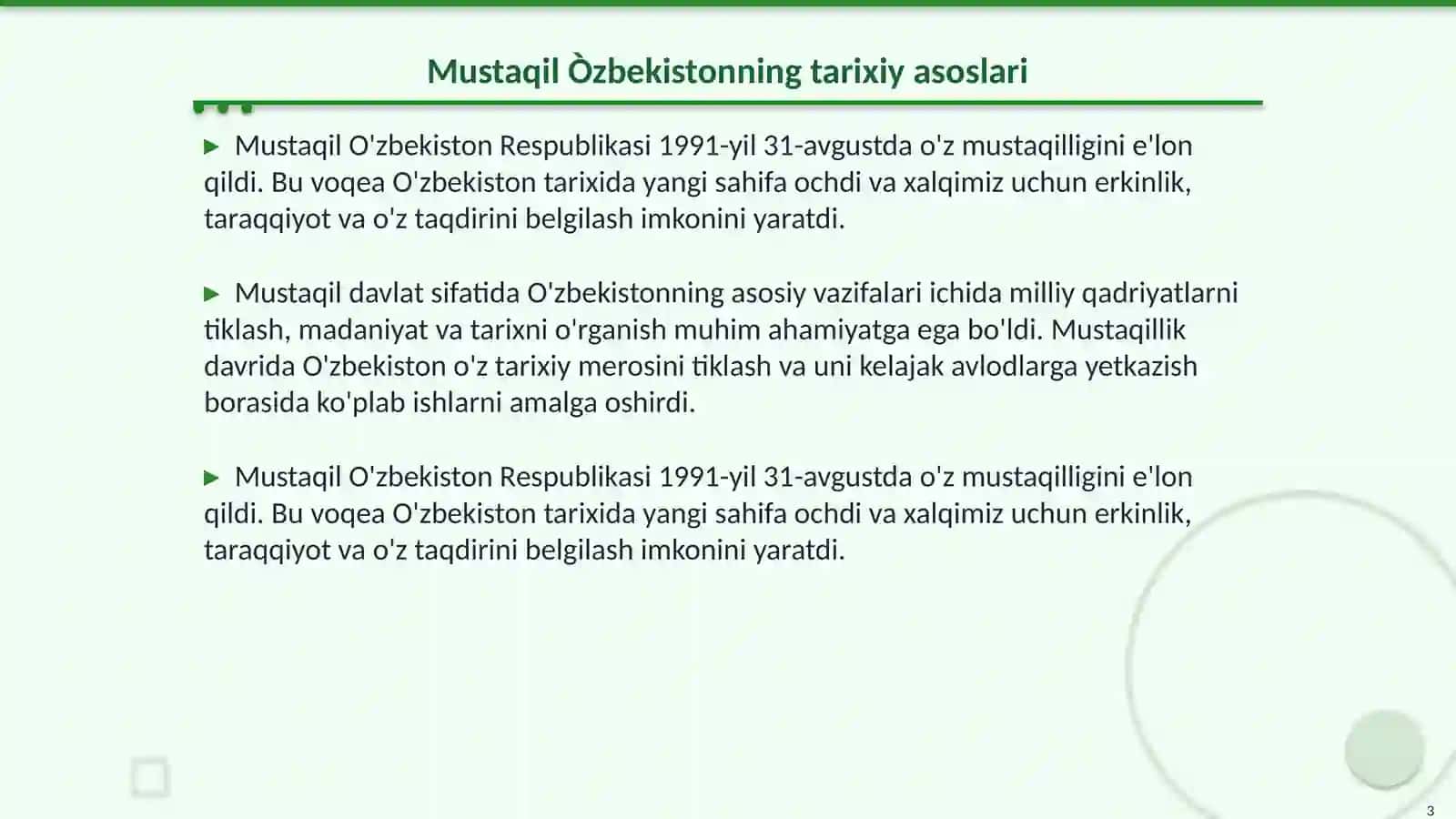 Mustaqil Òzbekiston Respublikasini tashkil topishining tarixiy ahamiyati.òzbekistoning òziga xos istiqboli va taraqiyot yòli 3