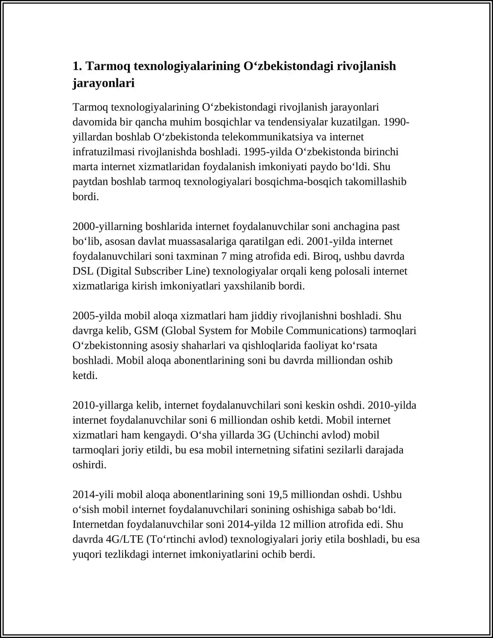 MUSTAQIL ISH Mavzu: OʻZBEKISTONDA TARMOQ TEXNOLOGIYALARINI RIVOJLANISHI VA IQTISODIYOTDAGI SAMARADORLIGI 3