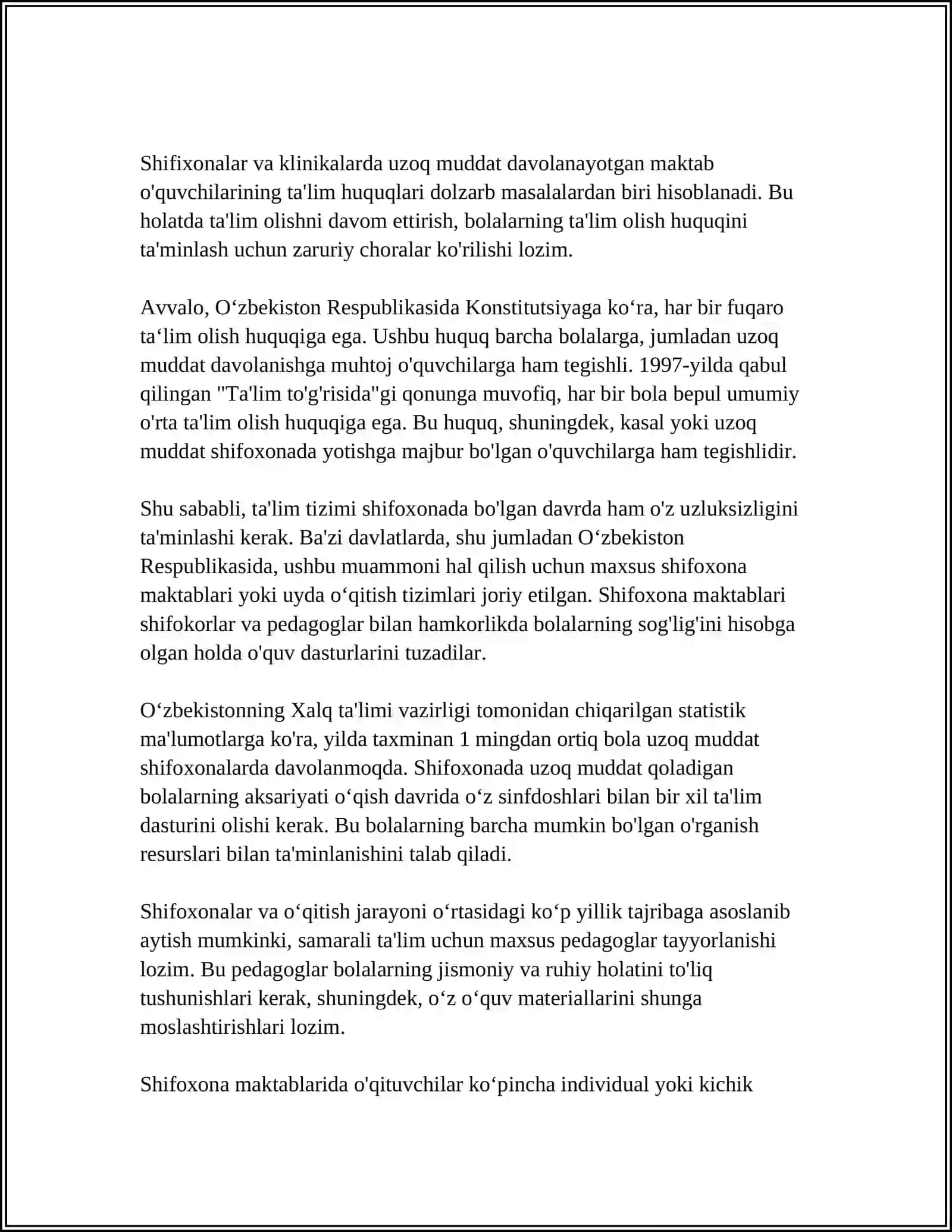 SHIFIXONALARDA UZOQ DAVOLANUVCHI MAKTAB O'QUVCHILARNI TA'LIMI YANGI TA'LIMIY AMALIYOT SIFATIDA 3