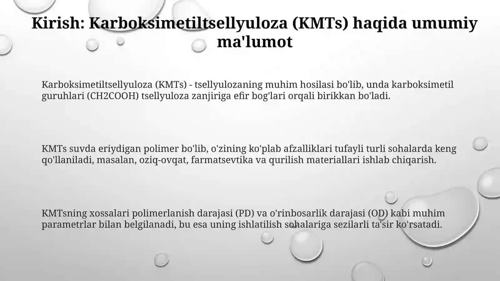 Polimerlanish va almashinish darajasi turlicha bòlgan karboksimetilselluloza sintezi 3