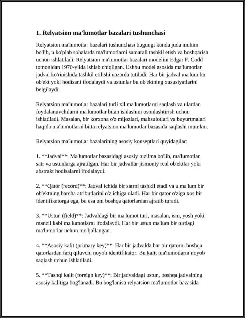 MA‘LUMOTLAR BAZASIDA RELYATSION MODEL VA MUNOSABATLAR 3