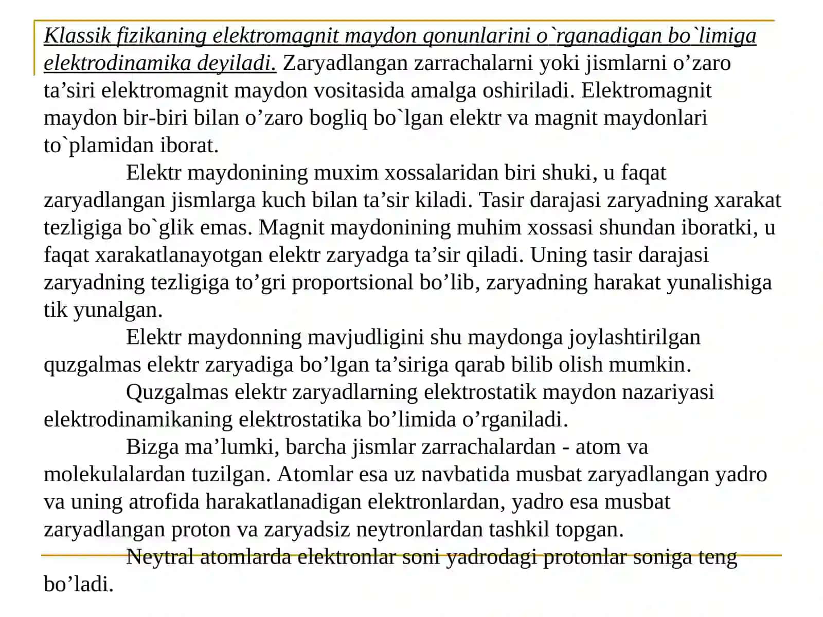 MARUZA.KLASSIK ELEKTRODINAMIKA FANI.ELEKTR ZARYADI VA UNING SAQLANISH QONUNI.KULON QONUNI 3