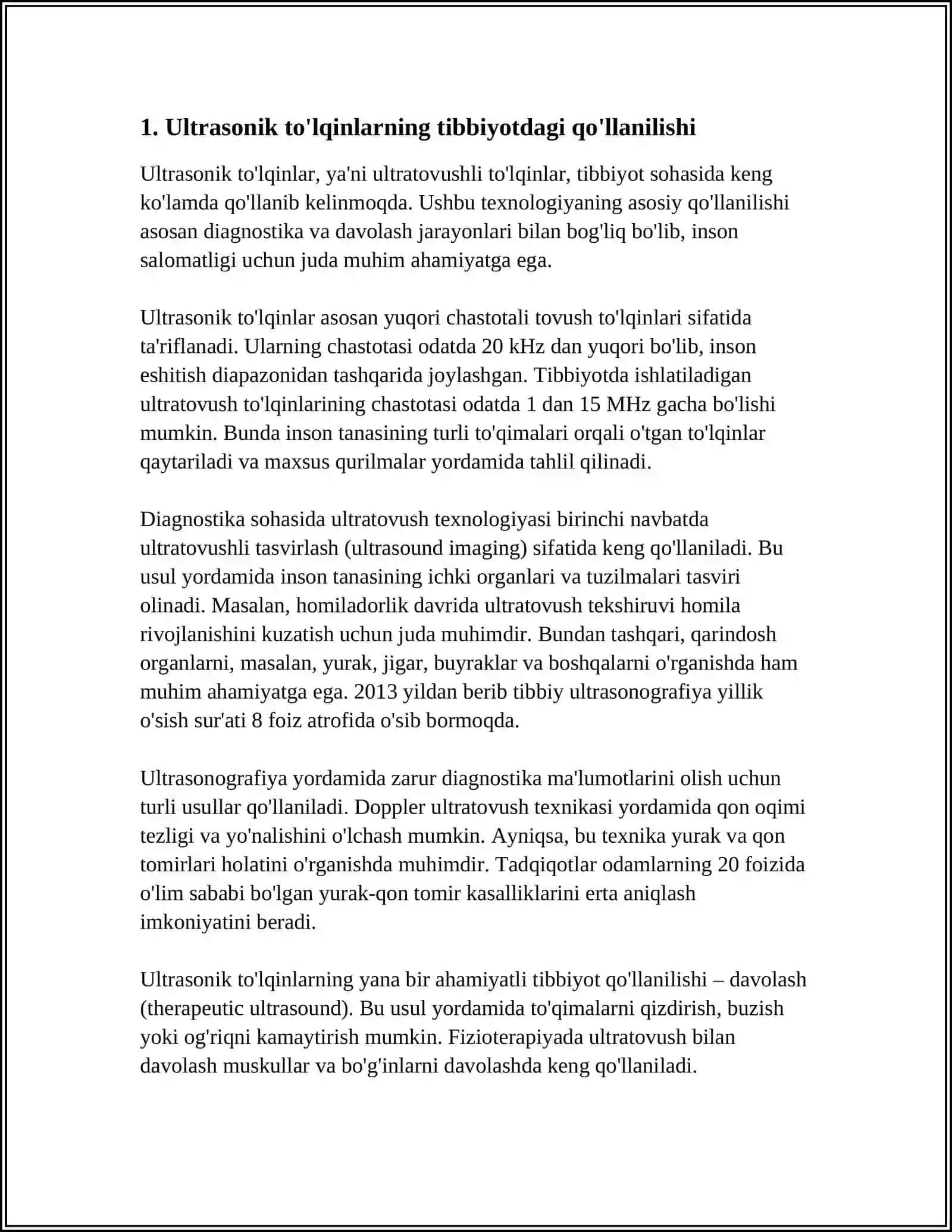 ULTRATOVUSH VA UNING TIBBIYOTDAGI YOʻNALISHI. AKUSTIKA. TOʻLQIN QARSHILIK.TOVUSH VA TOʻLQINNING QAYTISHI.REVERBERATSIYA. ESHITISH SISTEMASI FIZIKASI. INFRATOVUSH.VIBRATSIYALAR 3