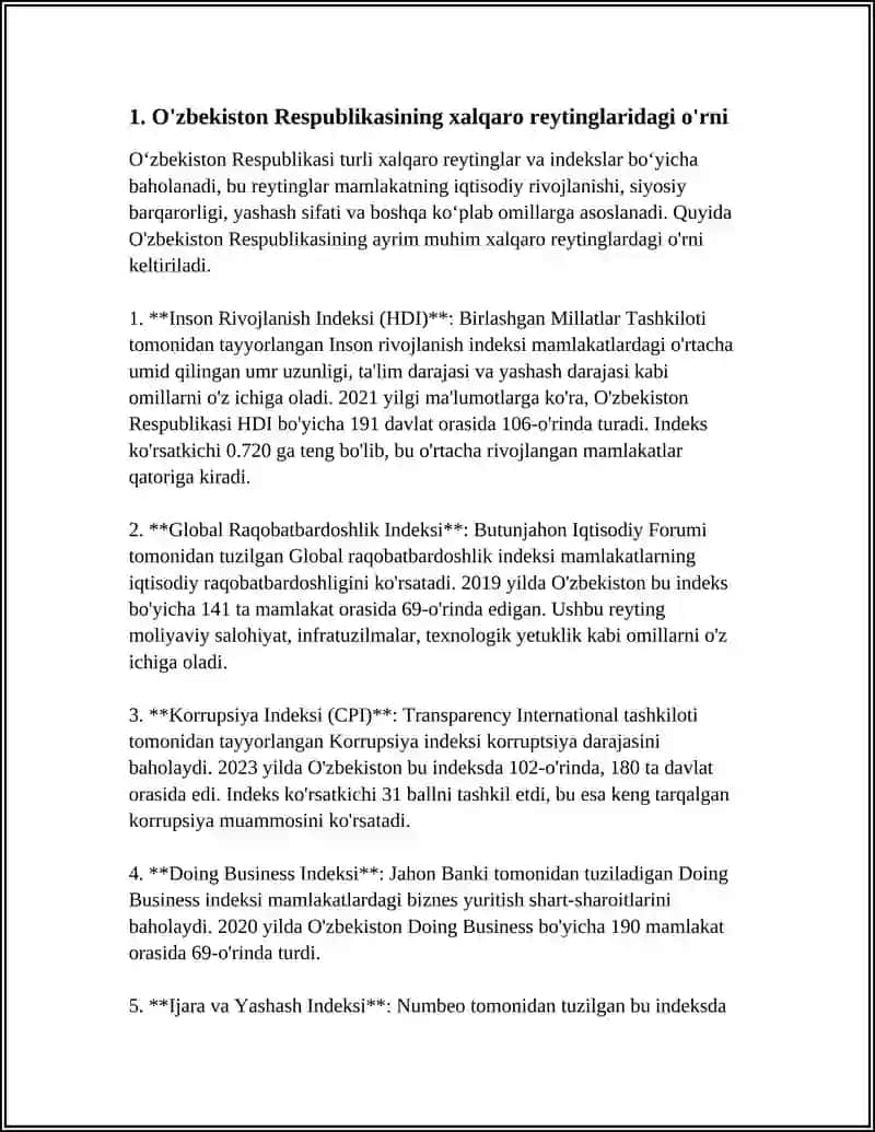 O'ZBEKISTON RESPUBLIKASINING XALQARO REYTING VA INDEKSLARDAGI O'RNI VANUFUZINI ORTIB BORISHI 3