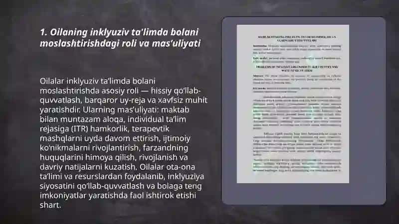 Aloxida yordamga muxtoj bolalar umumta'lim maktabi yoki maktabgacha tashkilotda inklyuziv ta'lim sharoitida oqishga moslashishida oila va maktabning o'rni 3