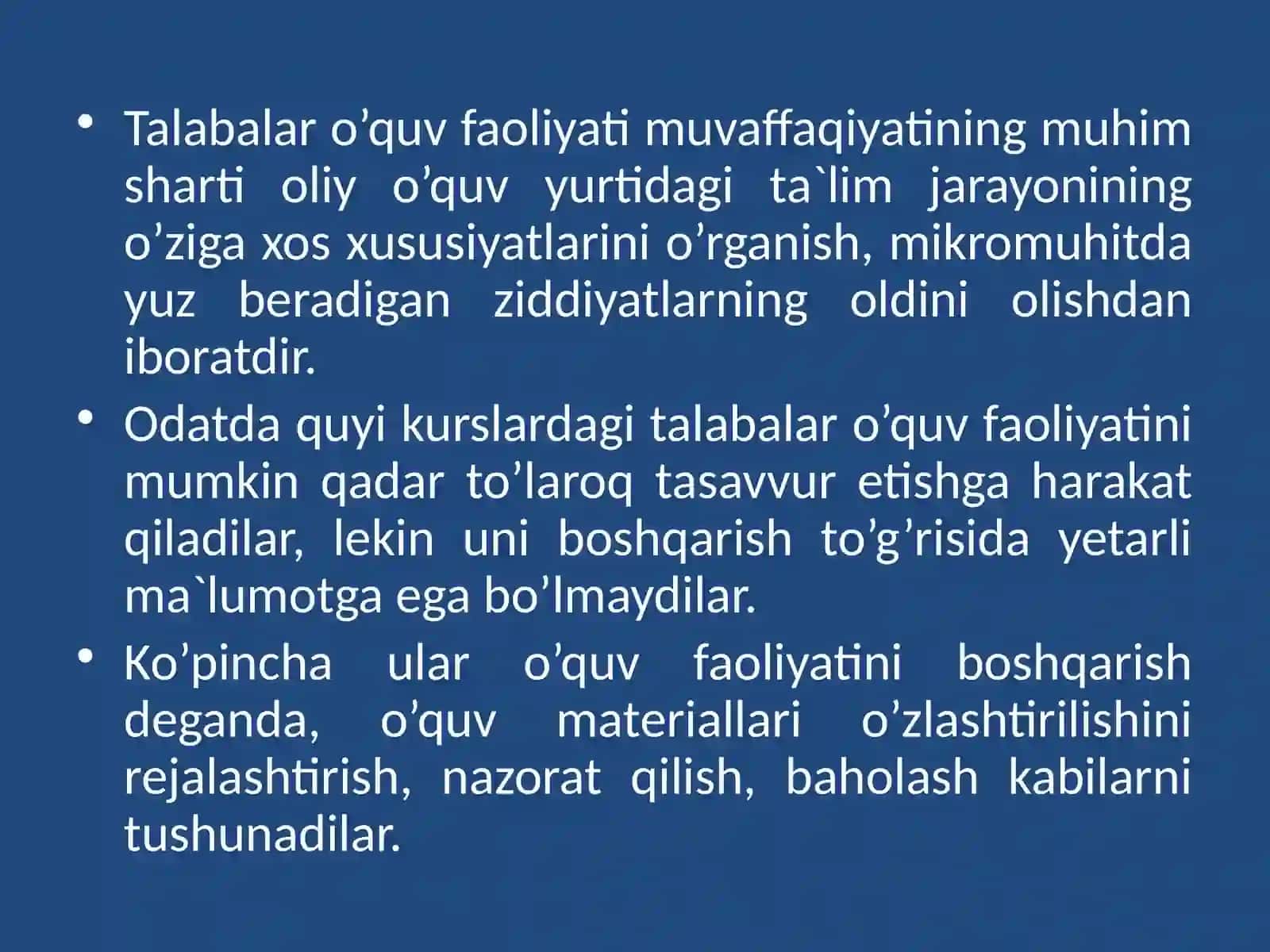 O'qituvchi bilan talabalar hamkorligi. Talabalar o'quv faoliyati 3
