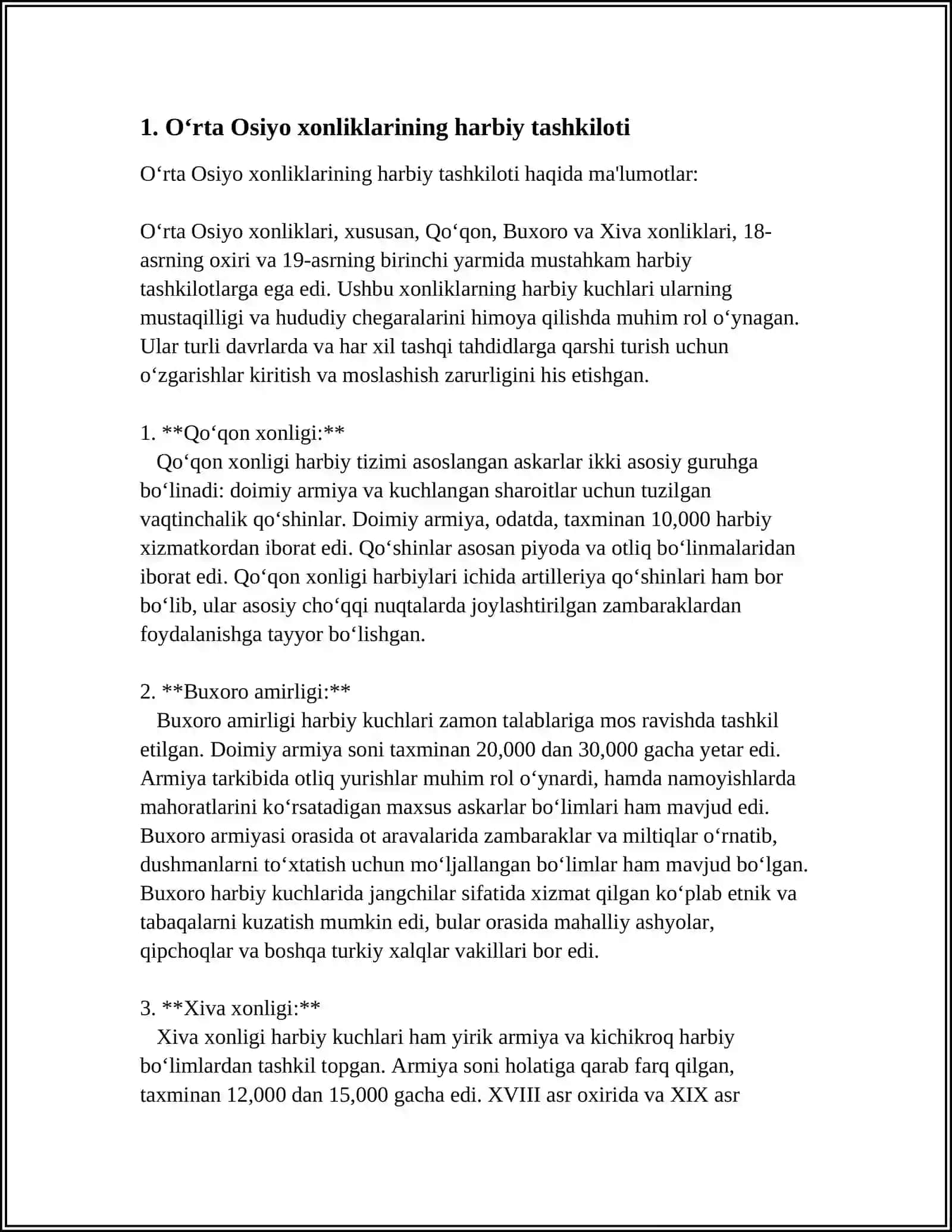 OʻRTA OSIYO XONLIKLARIDA HARBIY ISHLAR TARIXI.XONLIKLARINING TASHQI IQTISODIY VA SIYOSIY DIPLOMATIK ALOQALARI.QORAQALPOQLAR 3