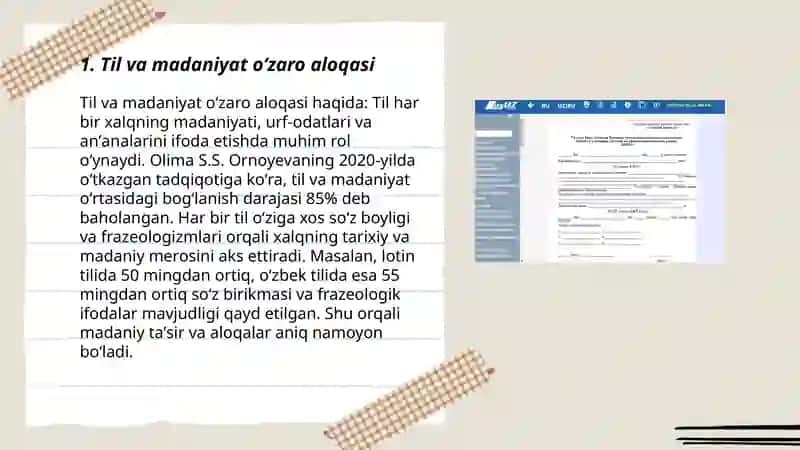 Til taʼlimiga oid yozilgan kurs ishiga taqriz yozish.Kurs ishi boʻyicha qoʻshimcha maʼlumotlarni taqdimot qilish. 3
