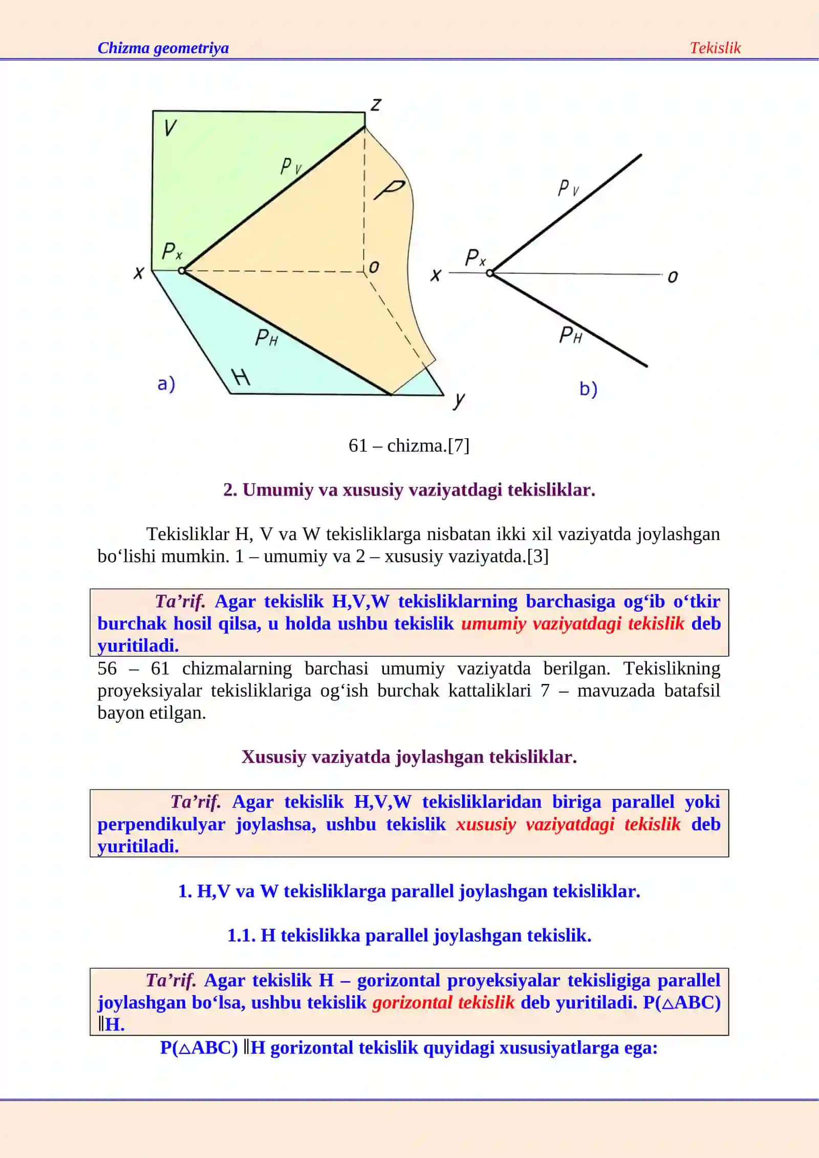 Chizma geometriya: Tekisliklar va ularni chizmalarda berilishi 3