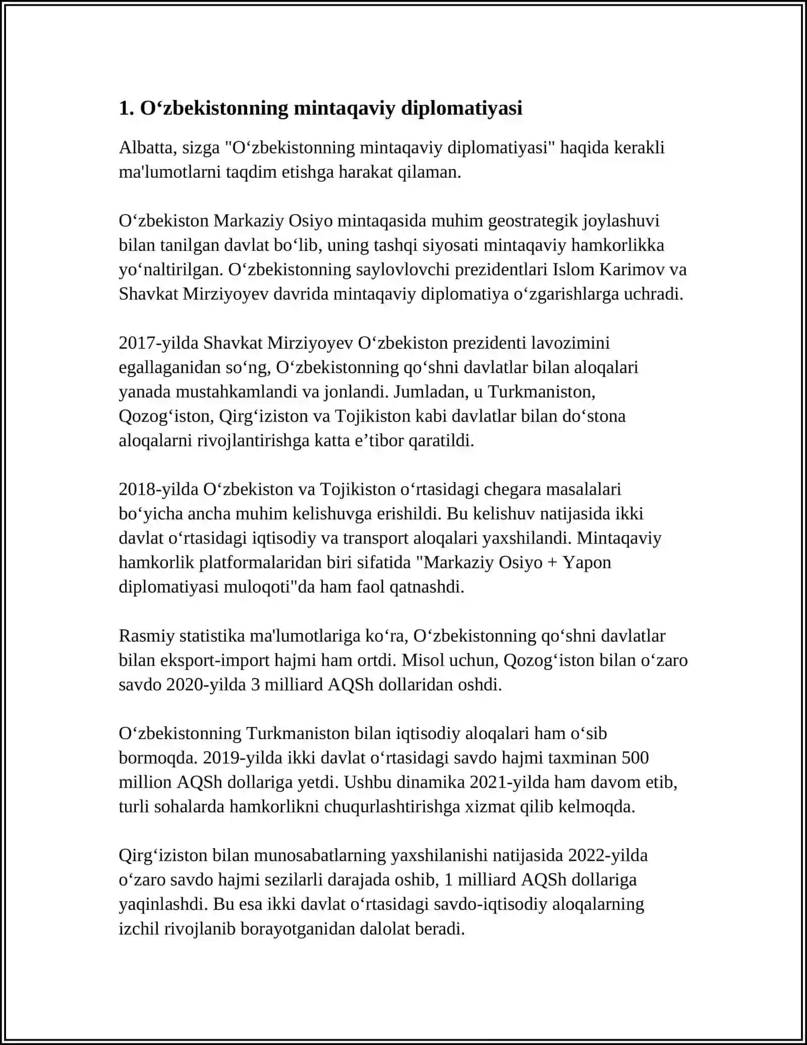 O‘ZBEKISTONNING MARKAZIY OSIYODA TINCHLIK VA BARQARORLIKNI TAMIRLASHDAGI O‘RNI 3