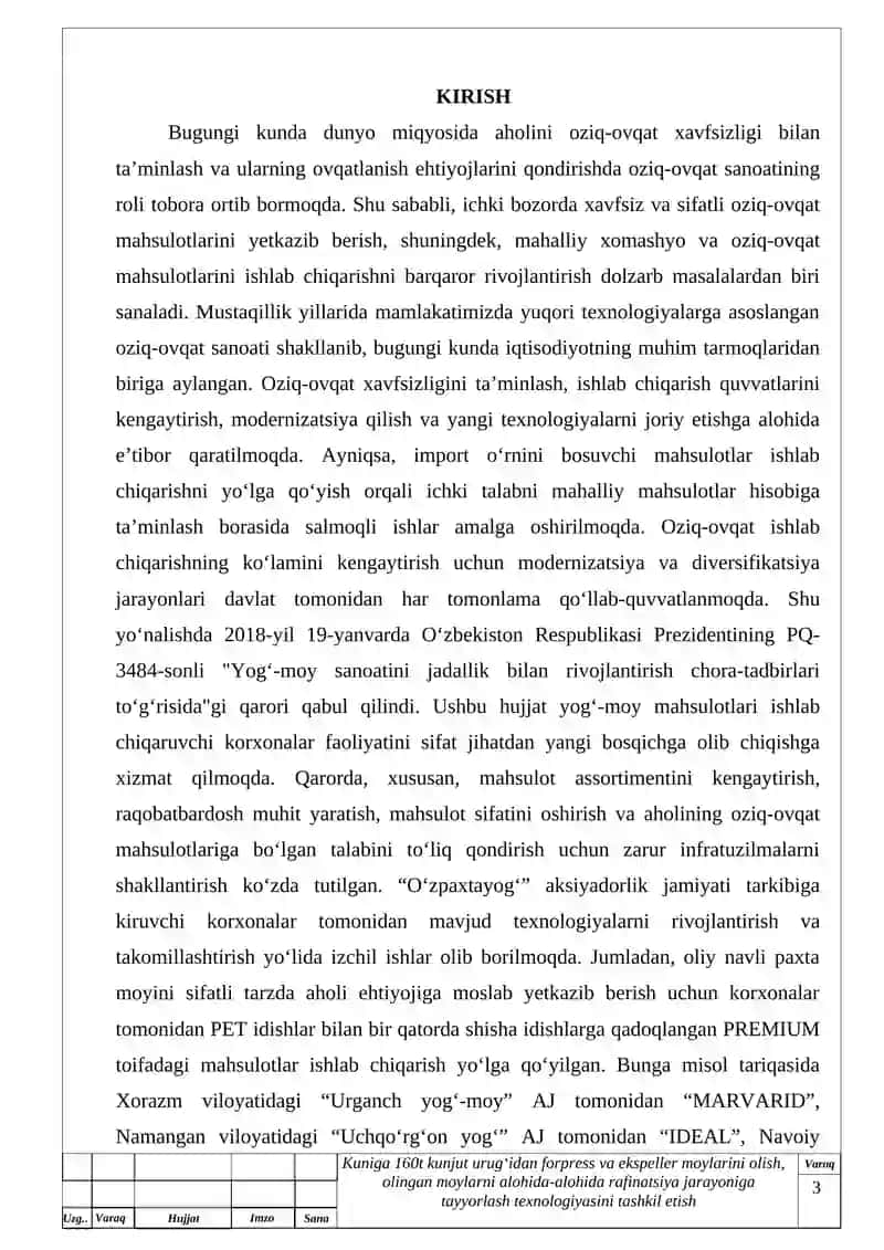 Sutkasiga 160 t kunjut urug’idan forpress va ekspeller moylarini olish , olingan moylarni alohida-alohida rafinatsiya jarayoniga tayyorlash texnologiyasini tashkil etish 3
