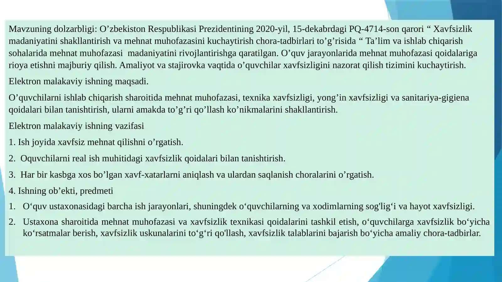 Mavzu“O’quv amaliyotini tashkil etishda mehnat muhofazasi” 3