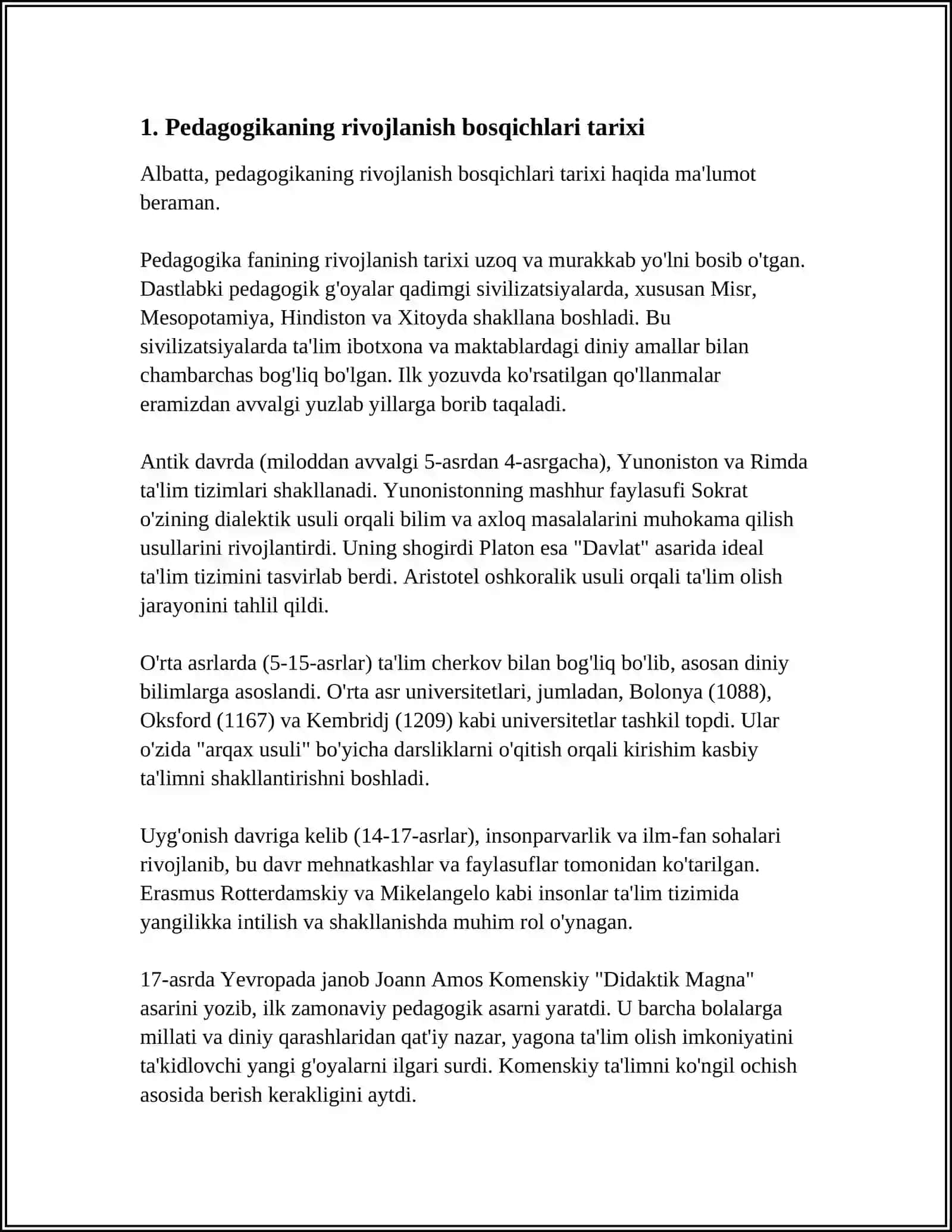 PEDAGOGIKANING RIVOJLANISH BOSQICHLARI MAVZUSINI KLASTER TEXNOLOGIYASIGA SOLIB MUSTAQIL ISH TAYYORLAB BER 3