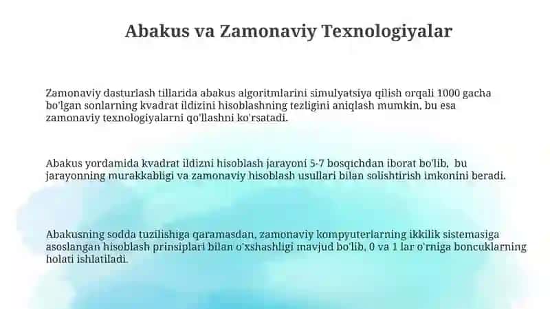 Abakusdagi Asosiy Operatsiyalar va Ularning Kvadrat Ildiz Chiqarishdagi Qo‘llanilishi 3