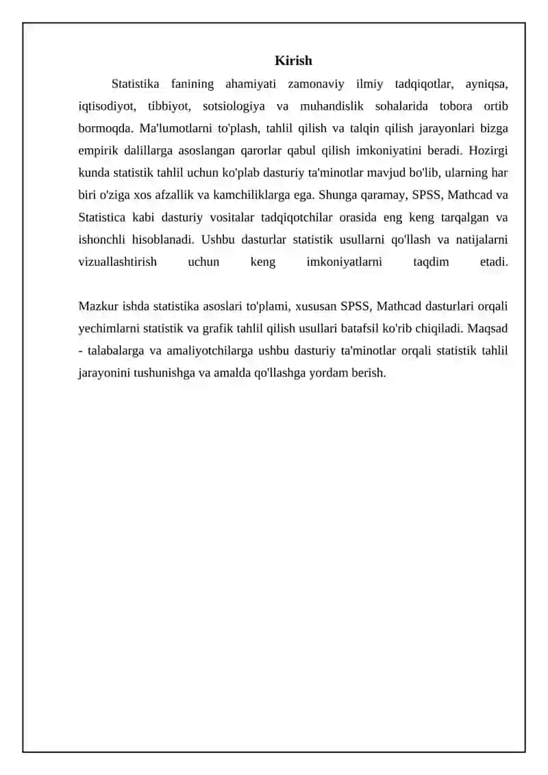 Statistik dasrurlar paketi.(Statistik SPSS Mathcad).Yechimlarning statistik va grafik tahlili 3