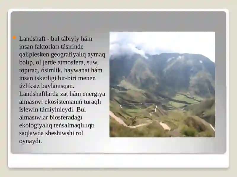 Geografıya tálim baǵdari 2-kursstudentiQoyilbaev Ramazaniń Lanshaftaniw páninen Lanshaftlard zat hám energiya almasiwi hám oniń áhimiyeti temasindaislegen 3