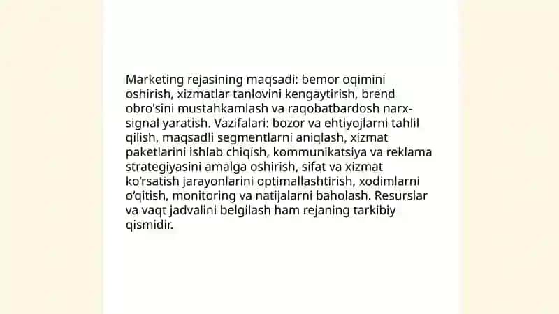 Tibbiy muassasalar marketingi rejasi va marketing kompleksini ishlab chiqish 3