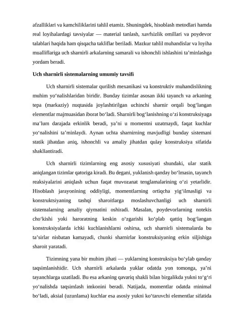 Uch sharnirli sistemalar va uch sharnirli arkalar mavzusi boʻyicha umumiy ma’lumotlar 3