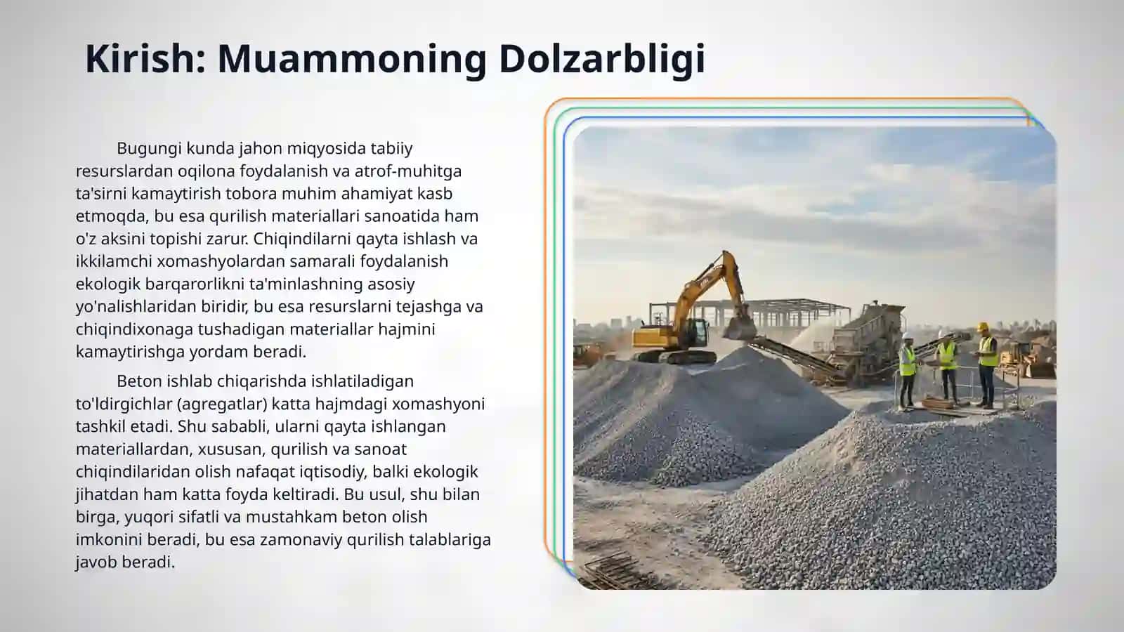 Beton uchun og’ir, yengil va o’ta yengil to’ldirgichlarni ikkilamchi resurslardan olish 3