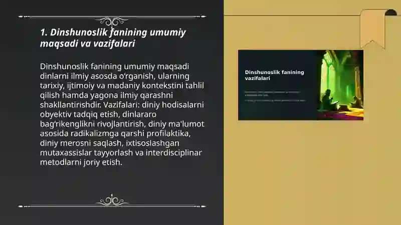 Dinshunoslik fanining maqsadi ahamiyati va vazifalari 3