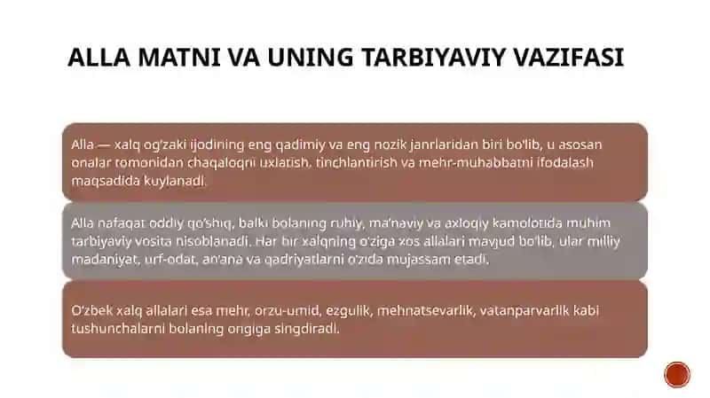 Taqdimot Mavzu: Alla matni va uning tarbiyaviy vazifasi 3