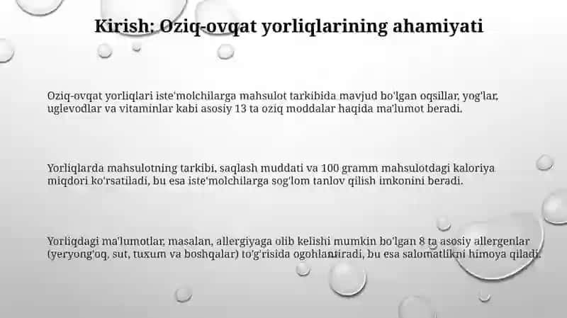 Oziq ovqat tarmoq mahsulotlari tarkibi foydali va zararli xususiyatlarini yorliqlari orqali organish 3
