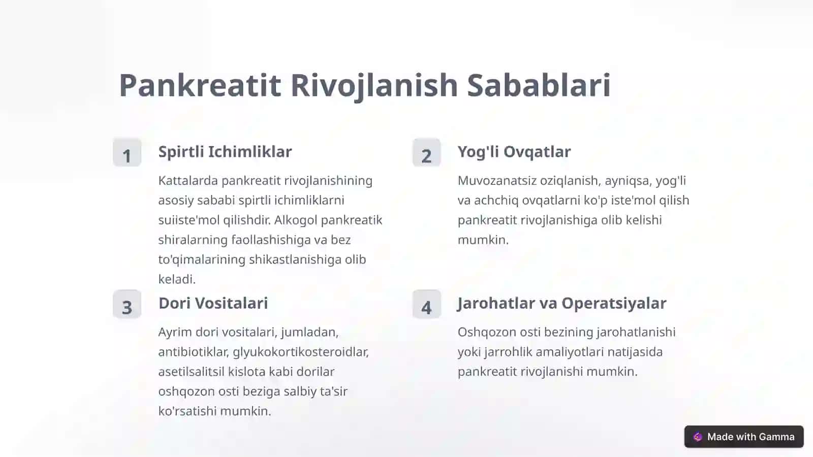 Pankreatit rivojlanishining biokimyoviy asoslari. Davolash va diagnostika tamoyillari 3