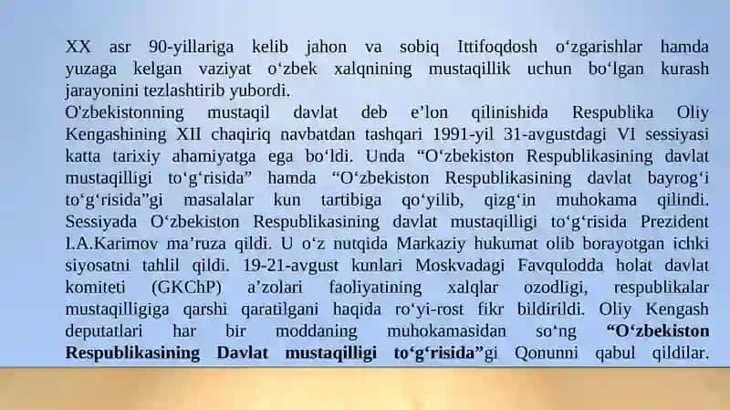 Mustaqil O‘zbekiston Respublikasining tashkil topishi va uning tarixiy ahamiyati 3
