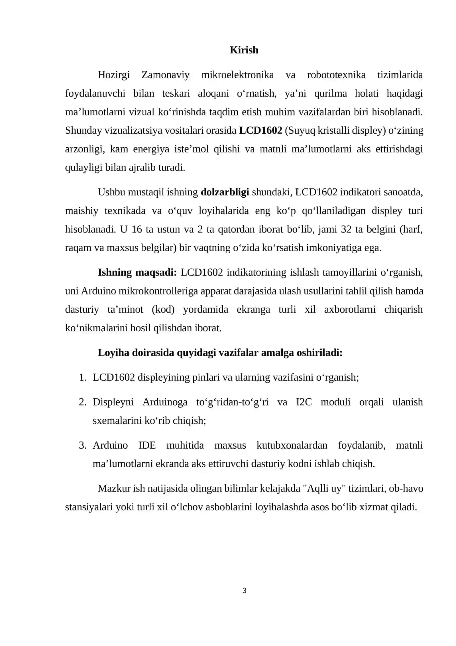 “LCD1602 indikatori. Ulanish tamoili, unga axborotni Arduinoda foydalanib chiqarish.” 3
