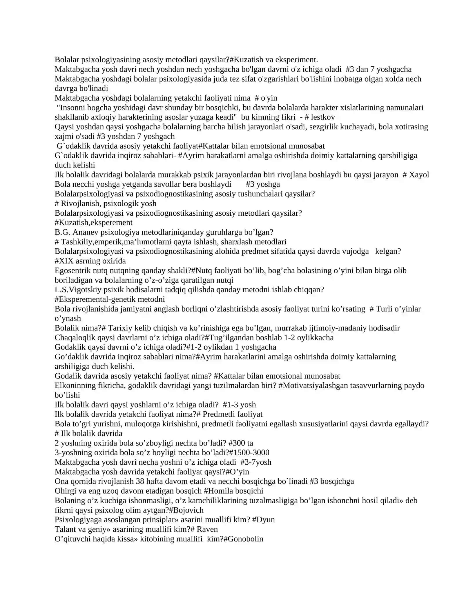 Bolalar psixologiyasi va psixodiognostikasi fanidan testlar 4-kurs 3