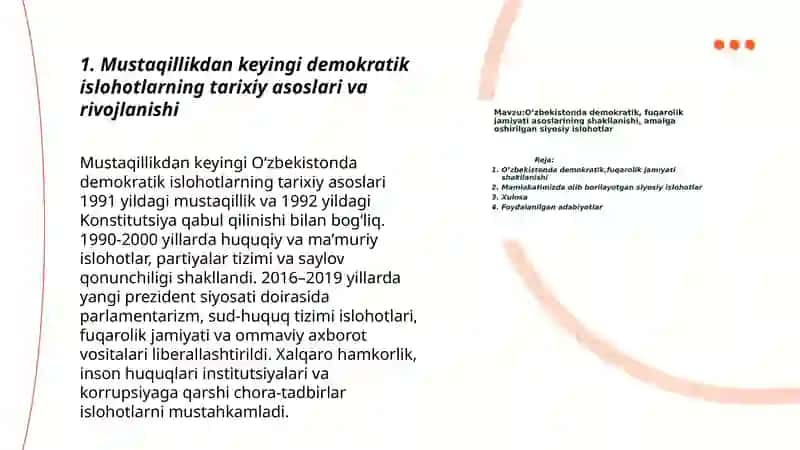 O'zbekistonda demokratik, fuqarolik jamiyati asoslarining shakllanishi, amalga oshirilgan siyosiy islohotlar 3