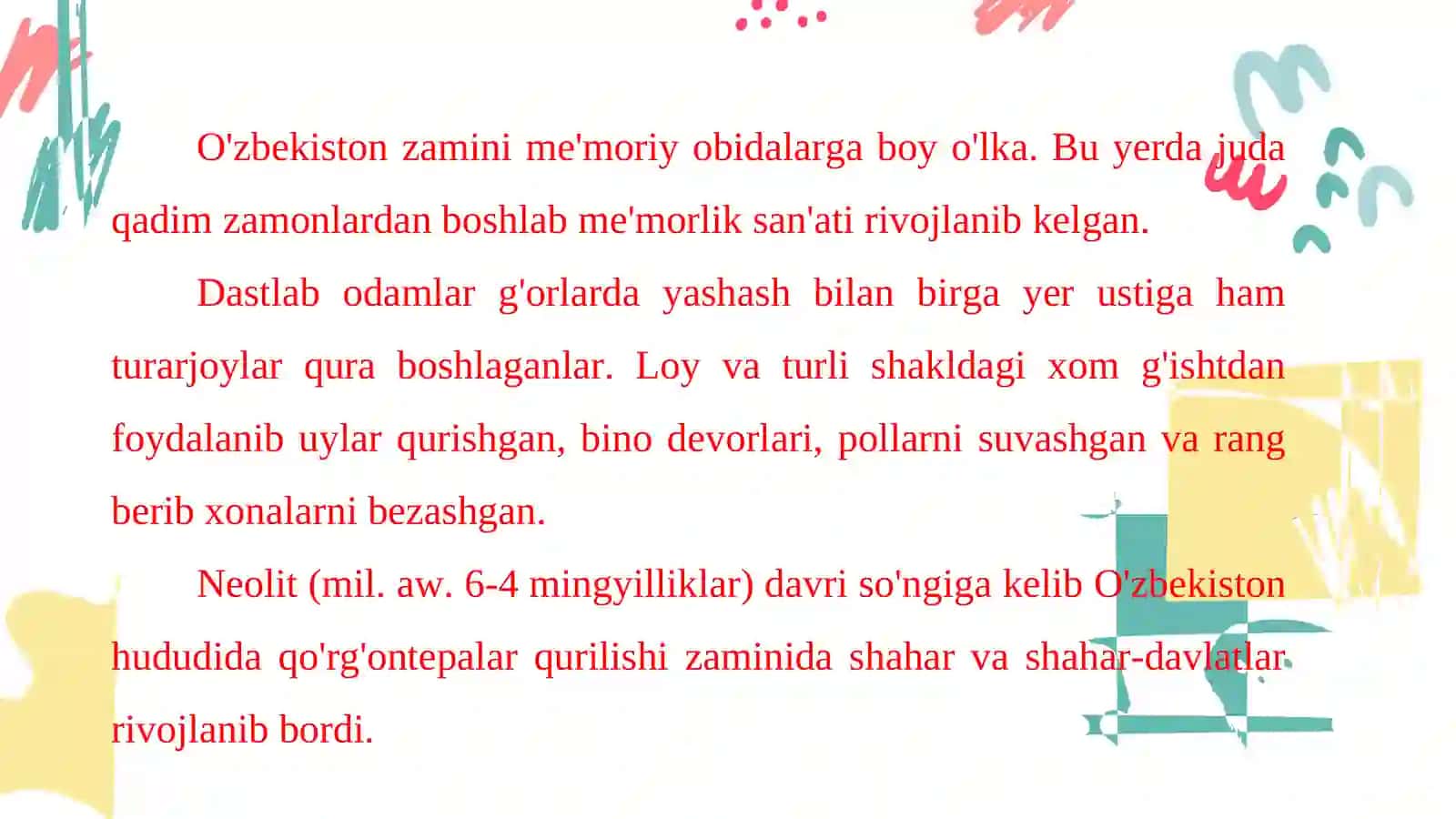 7-sinf tasviriy san’at darsligi asosida 10-mavzu: Me'morlik - msonning har kungi hayotidan ajralmas san'atdir 3