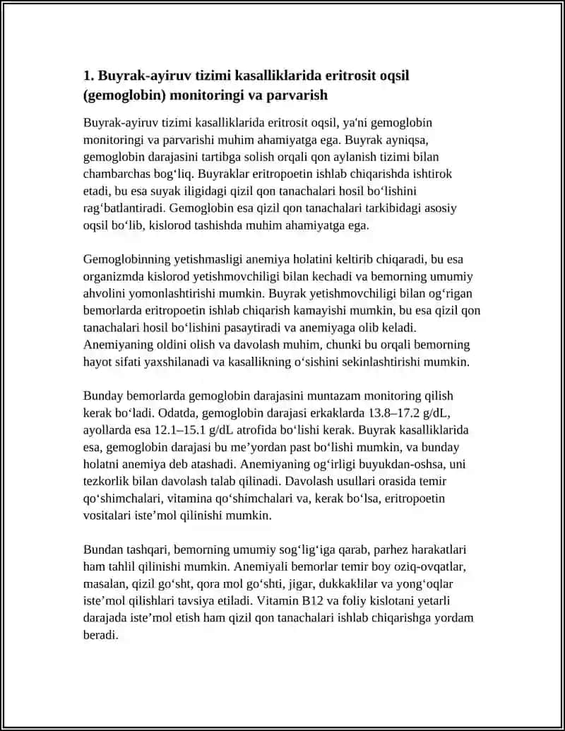 Buyrak-ayiruv tizimi kasalliklarida eritrosit oqsil (gemoglobin) monitoringi va parvarish 3