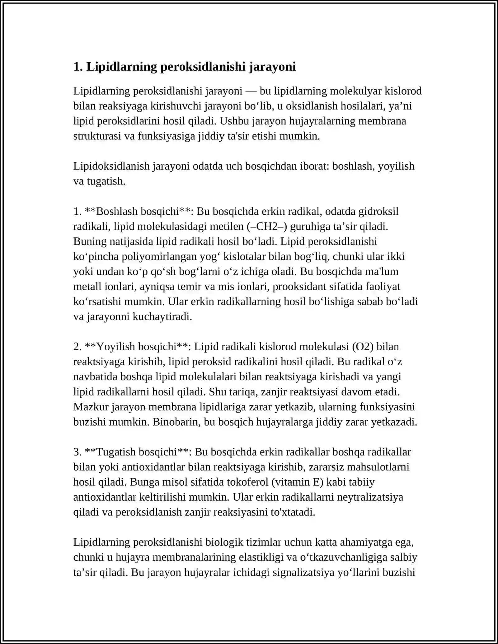 LIPIDLARNI PEROKSIDLANISHI VA HUJAYRA SHIKASLANISHI POTOGENIZIDAGI AXAMIYATI 3