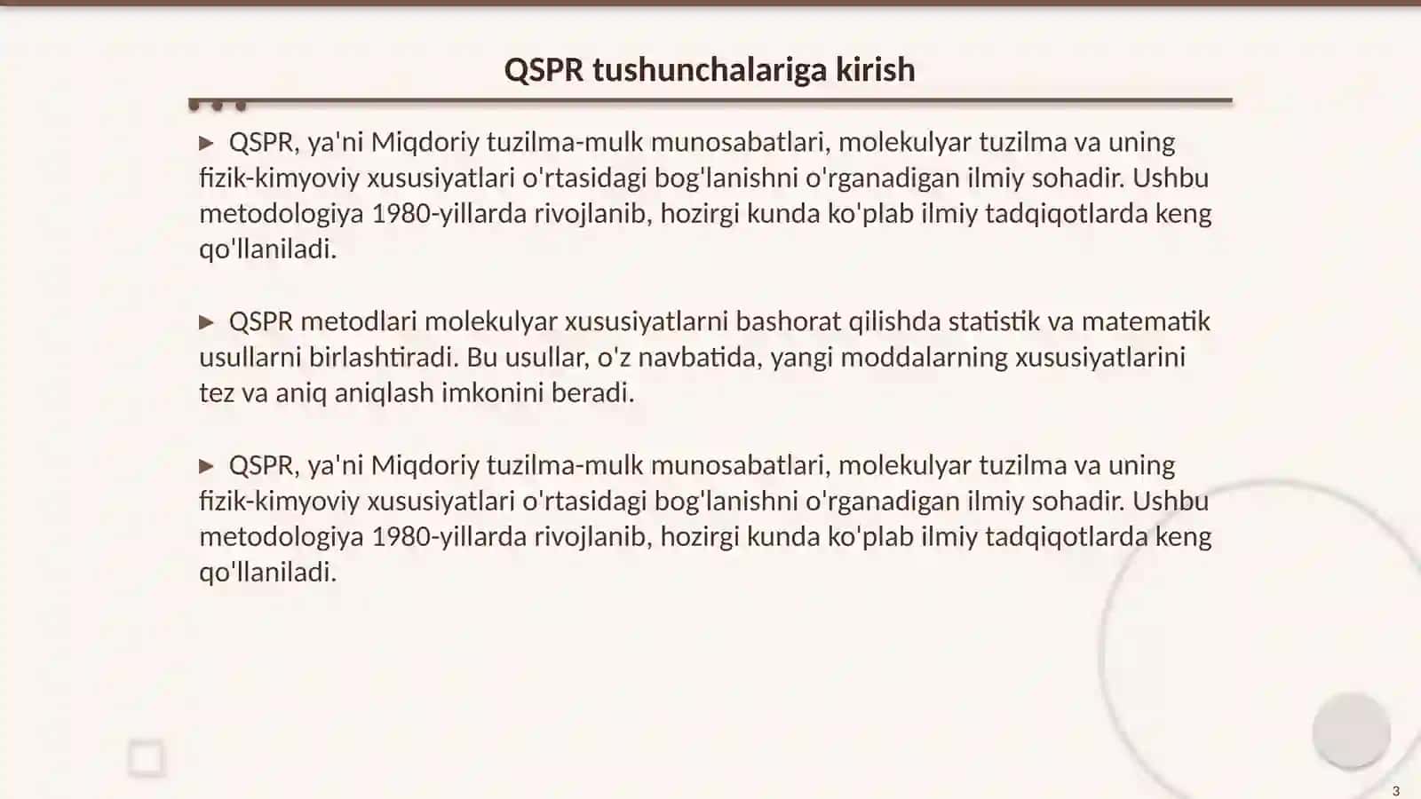QSPR (Miqdoriy tuzilma-mulk munosabatlari) 3