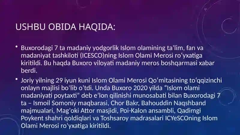 BUXORODA JOYLASHGAN TARIXIY OBIDALAR 3