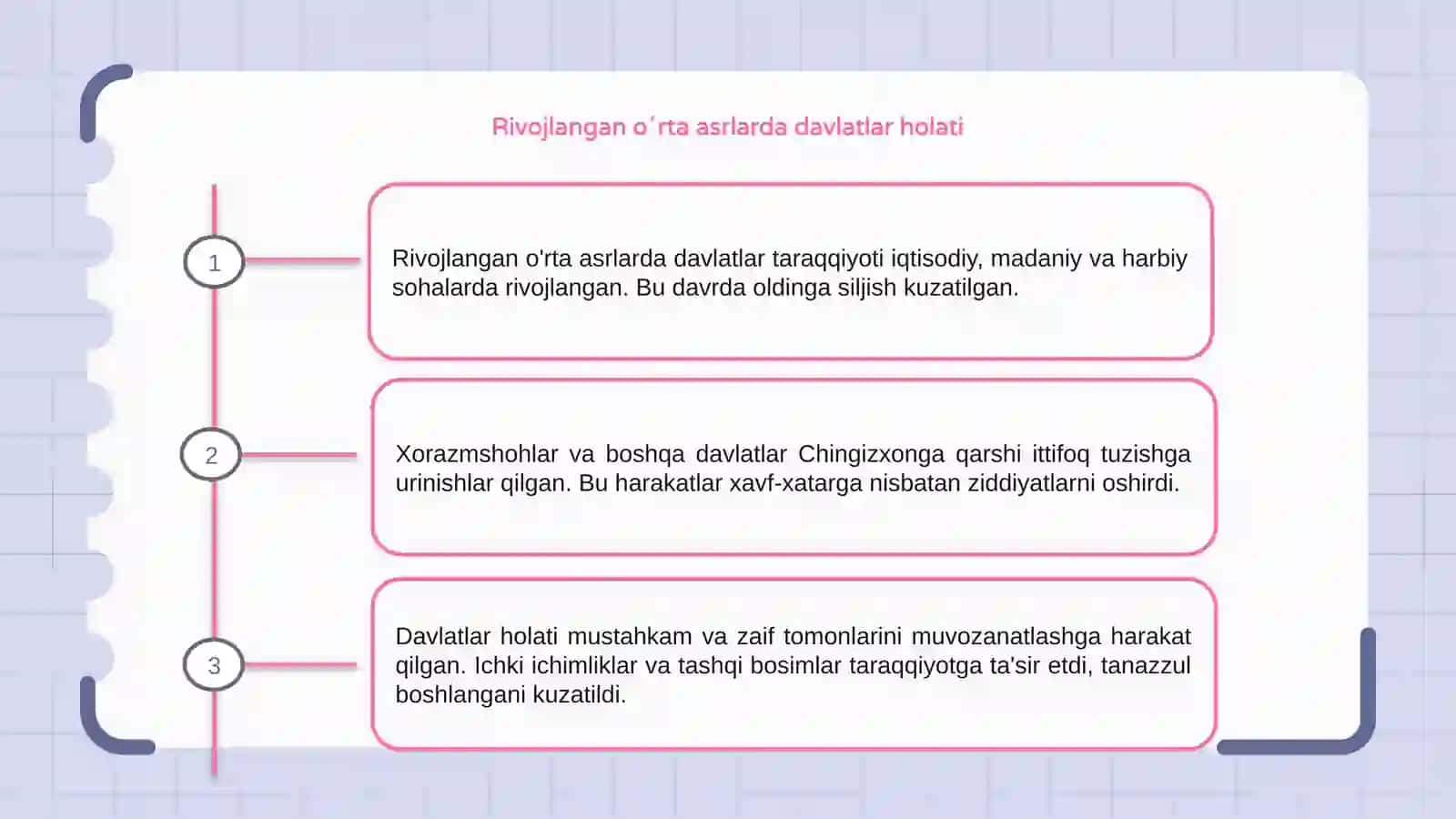 Rivojlangan o'rta asrlarda davlatlarni taraqqiyot va tanazzuli sabablari:Xorazmshohlar va Chingizxonga qarshi ittifoq tuzish yoʻlida 3