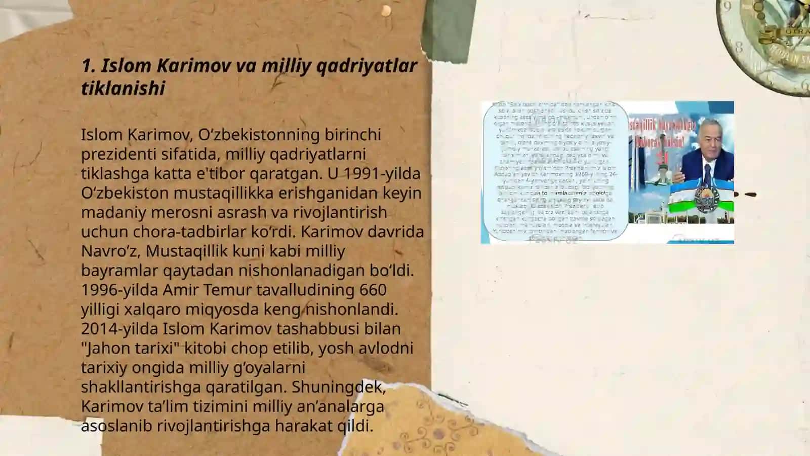 Oʼzbekiston Respublikasning birinchi prezidenti Islom Karimovning ajdodlar merosi va illiy qadryatlarni tiklash borasidagi xizmati 3