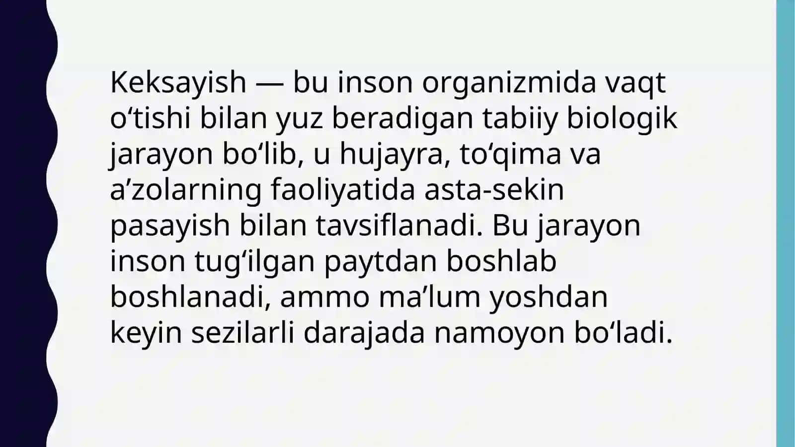 Organizmdagi keksayish davriga xos o‘zgarishlar. Gerontologiya va geriatriya haqida tushuncha 3