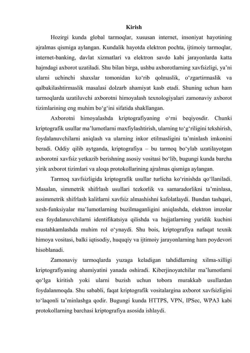 Tarmoqda uzatiluvchi axborotni ximoyalashda kriptografiyaning o’rni 3