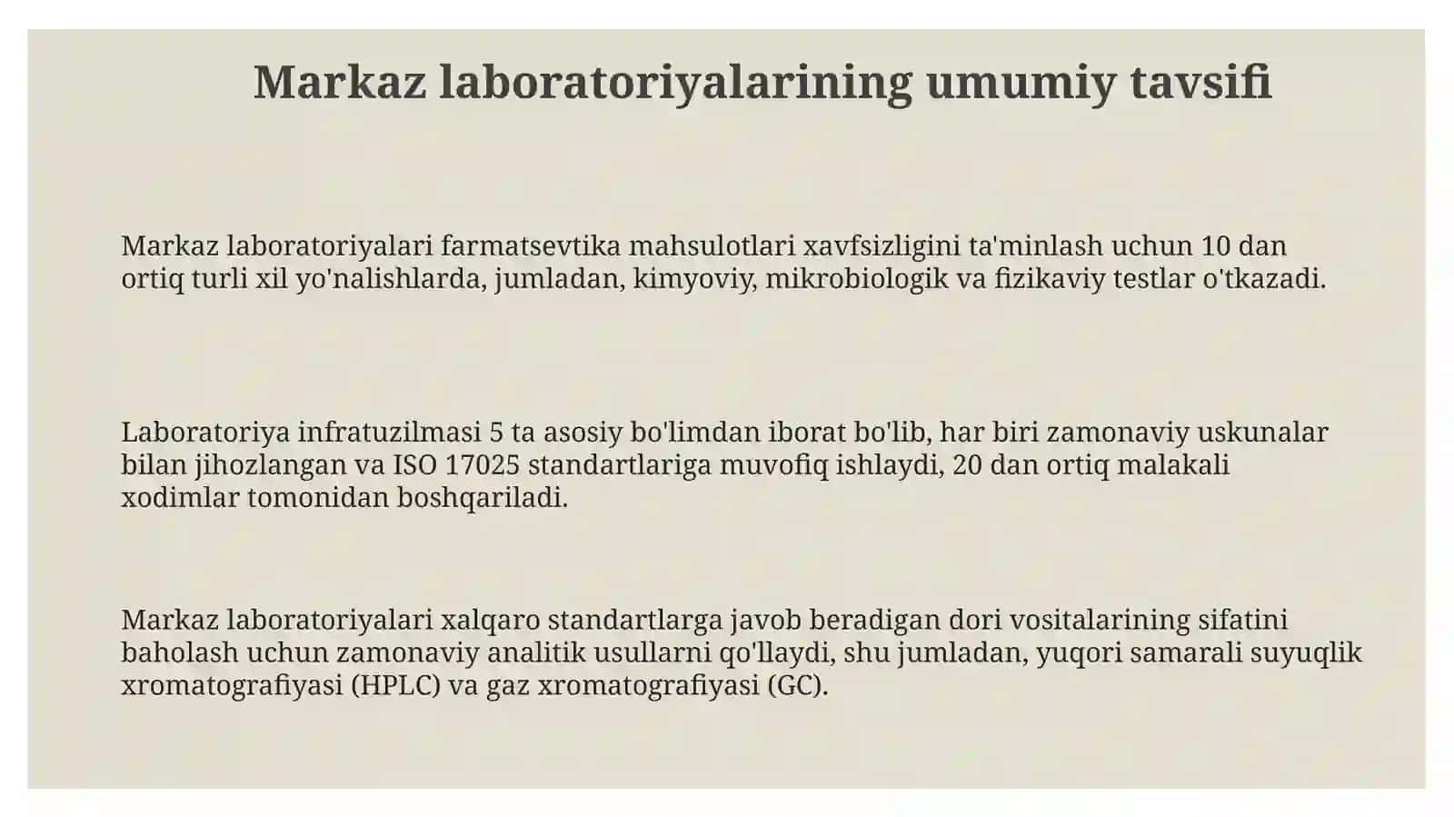 Farmatsevtika mahsulotlari xavfsizligi markazining laboratoriyalari haqida ma’lumot 3