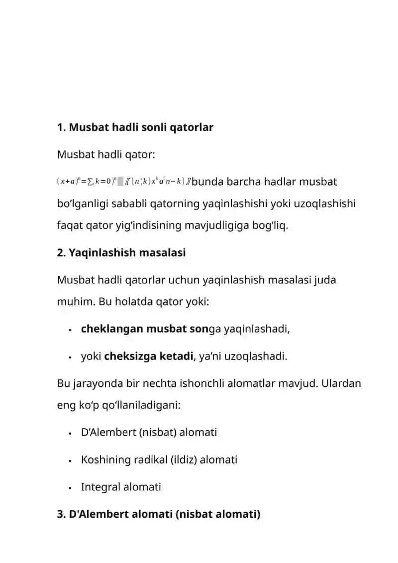 Musbat hadli sonli qatorlar yaqinlashishining yetarli shartlari 3